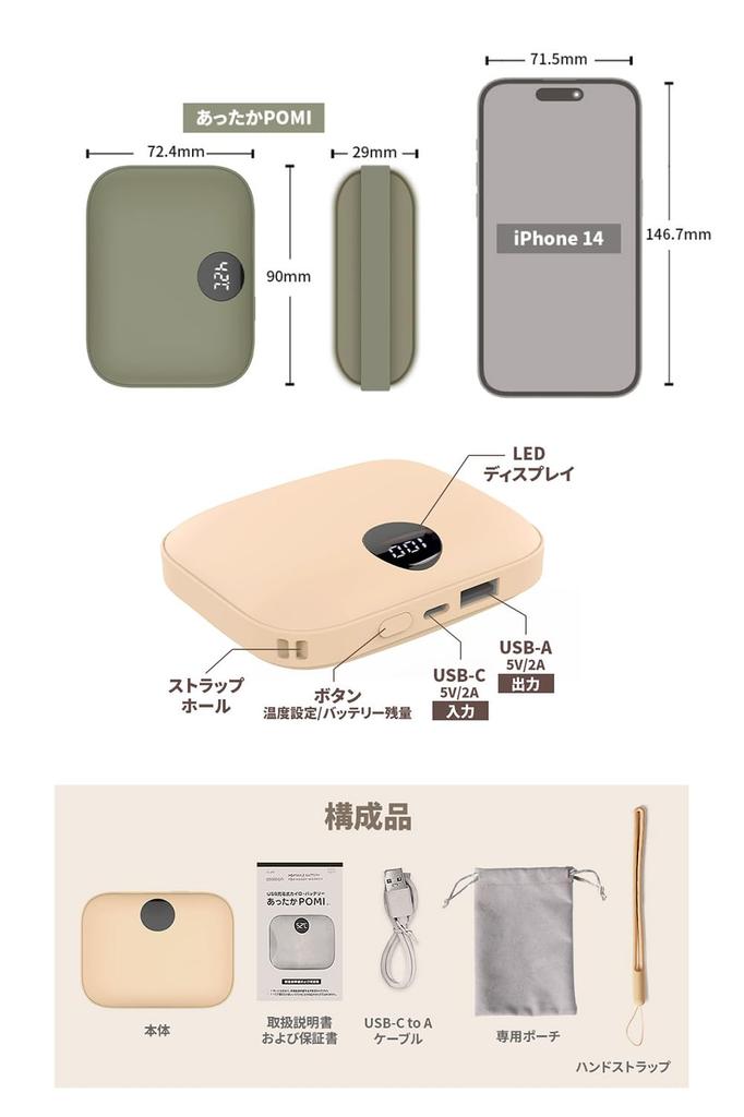 Coolean USB Wiederaufladbarer Taschenwärmer mit Mobile Warm POMI Heizung in 1 bis zu 8 Stunden kontinuierlicher Temperatur LED Digital Kaltwetterfunktion,