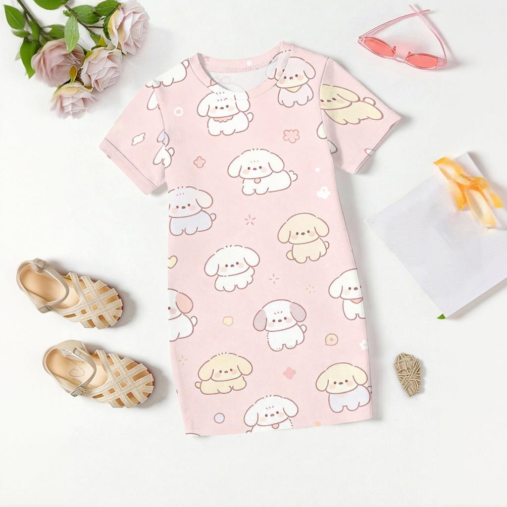 Girls Loose Fit Short Sleeve Dress Lightweight Round Neck Casual Animal Print Summer Dress for Kids Comfortable Daily Wear