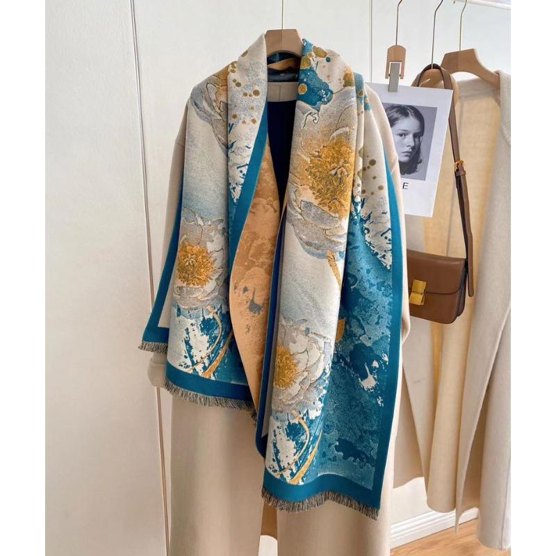 Autumn and winter new oil painting style double-sided jacquard scarf women's high-end sense versatile shawl scarf thickened warm scarf