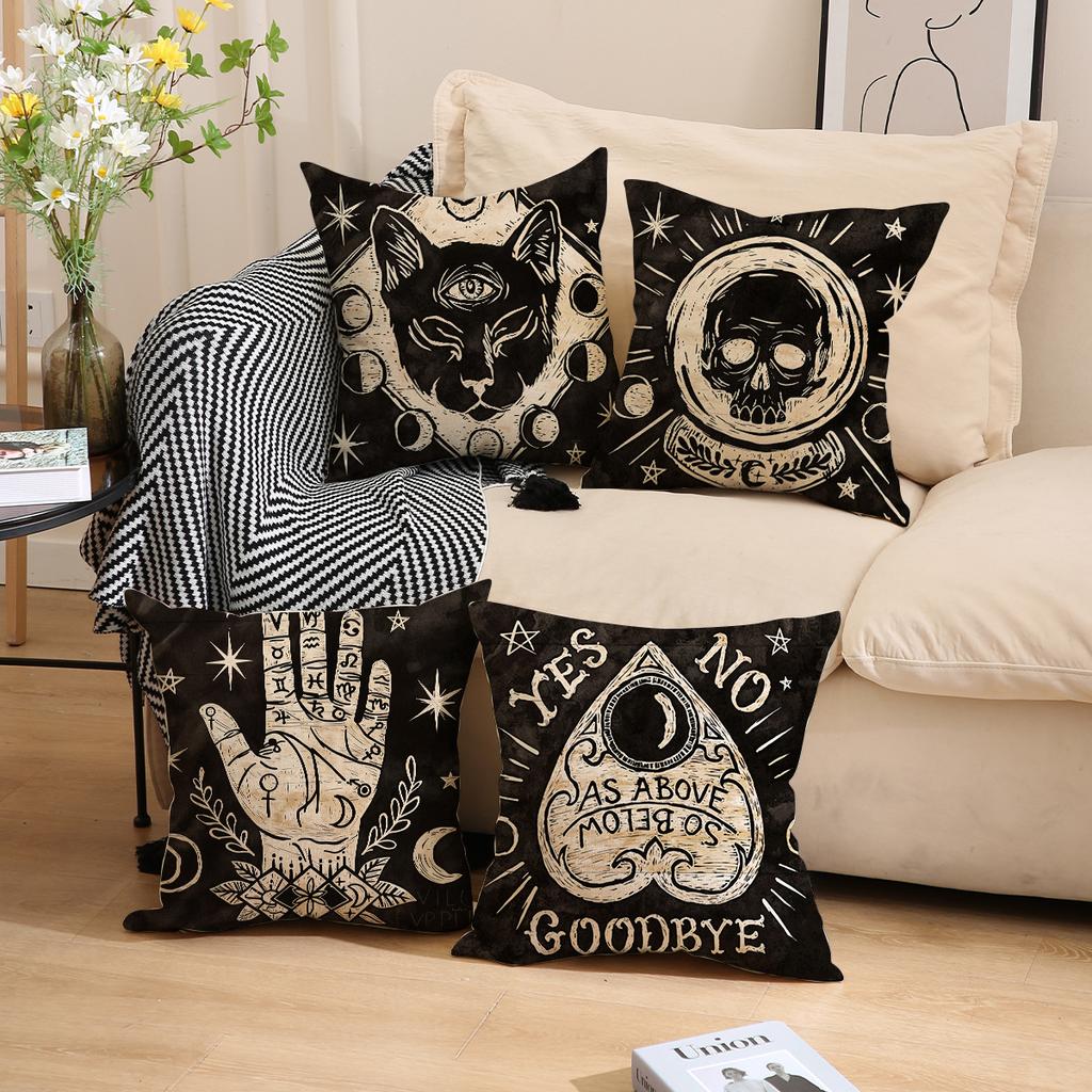 Halloween Dekokissen Happy Black Cat Skull Print Kissen Leinen Bequem Heimdeko Sofakissenbezug