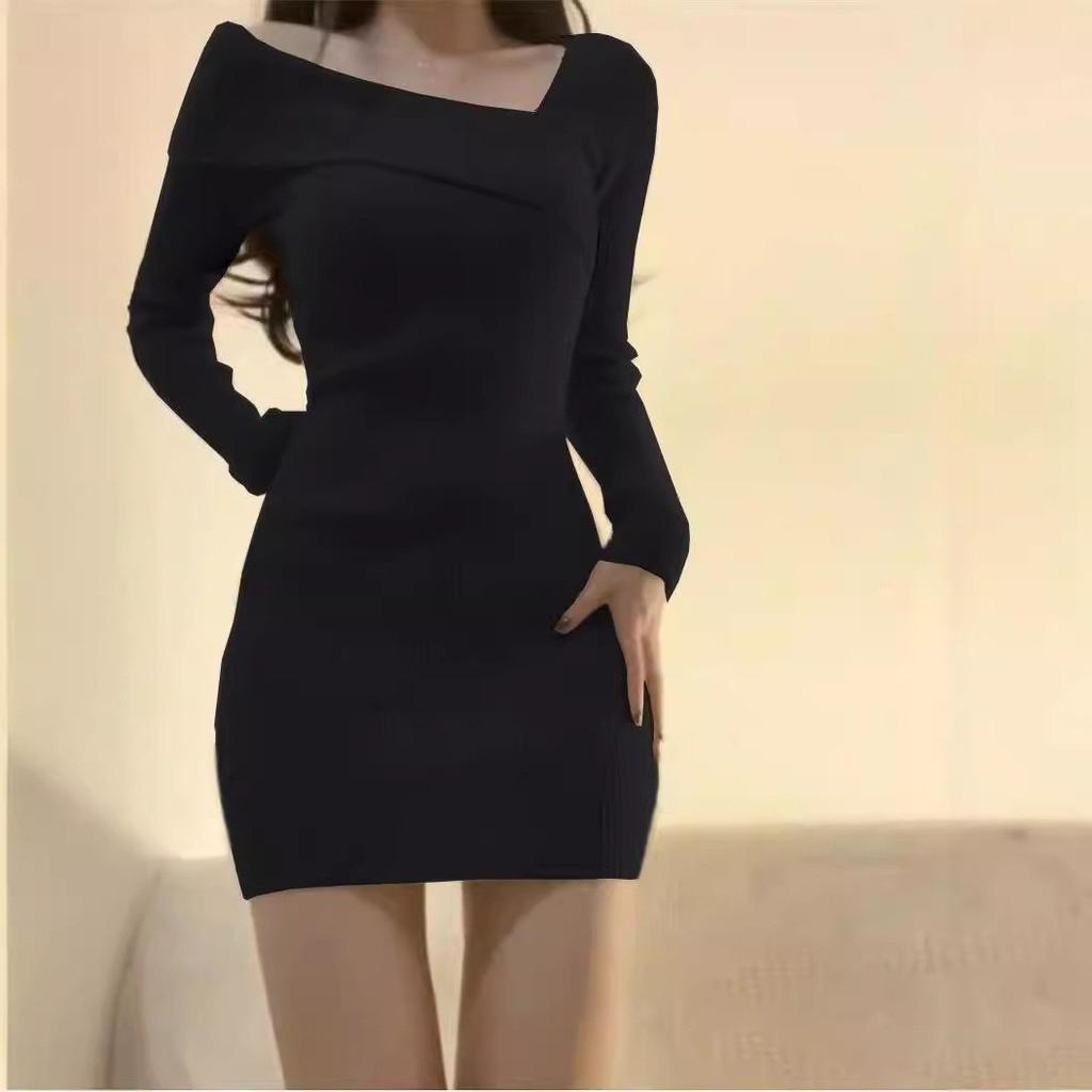 New Year's Pure Desire Spice Girl Hip Skirt Autumn and Winter Women's Inner Skirt Slant Shoulders Foreign Style Slim Waist Short Long Sleeve Dress