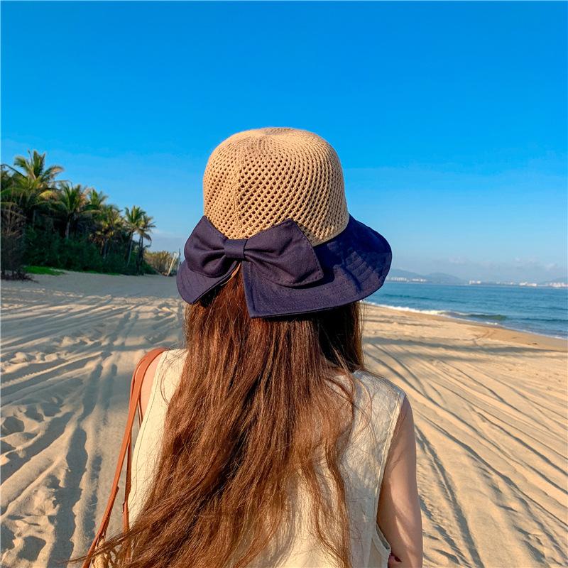 Hat women's summer mesh breathable versatile bucket hat basin hat bow sunshade sunscreen beach sun hat