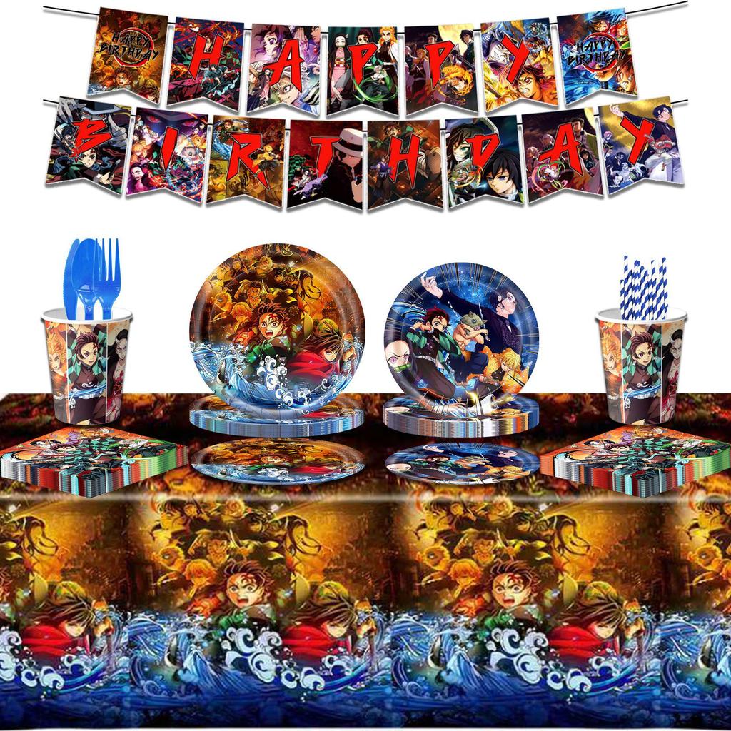 Demon Slayer Birthday Party Set: Plates, Napkins, Tablecloth, Cutlery