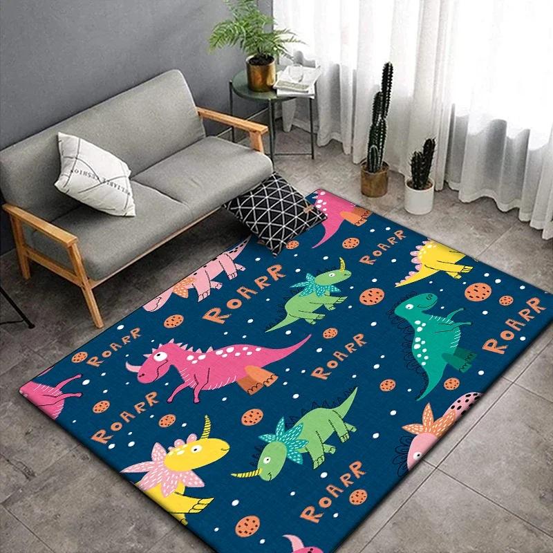 1 pieza Alfombra linda con estampado de dinosaurio de dibujos animados para sala de estar, dormitorio, alfombra para gatear para niños resistente a las arrugas, alfombra de suelo antideslizante