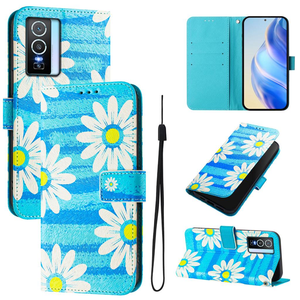 Blue Daisy Luxury Painted Leather Case Wallet Book Style Cover for Vivo Y20,Y35,Y51A,Y56,V27,Y78,V29,Y27,Y33S,Y19,V29E,Y17S,Y30,S19...
