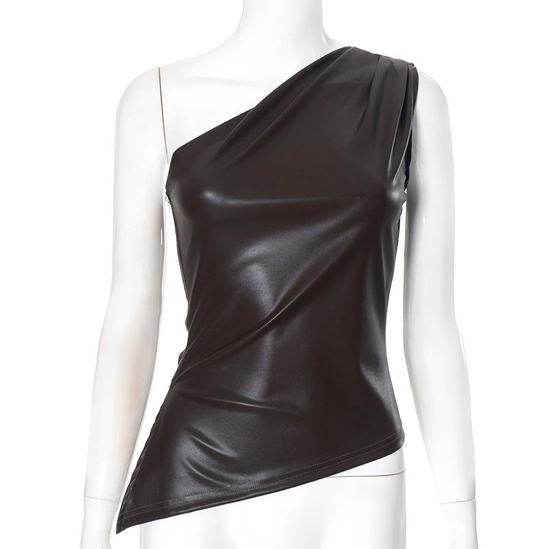 

Y24TP426 Women s Autumn Solid Color Sleeveless One-Shoulder Zipper T-Shirt Top L