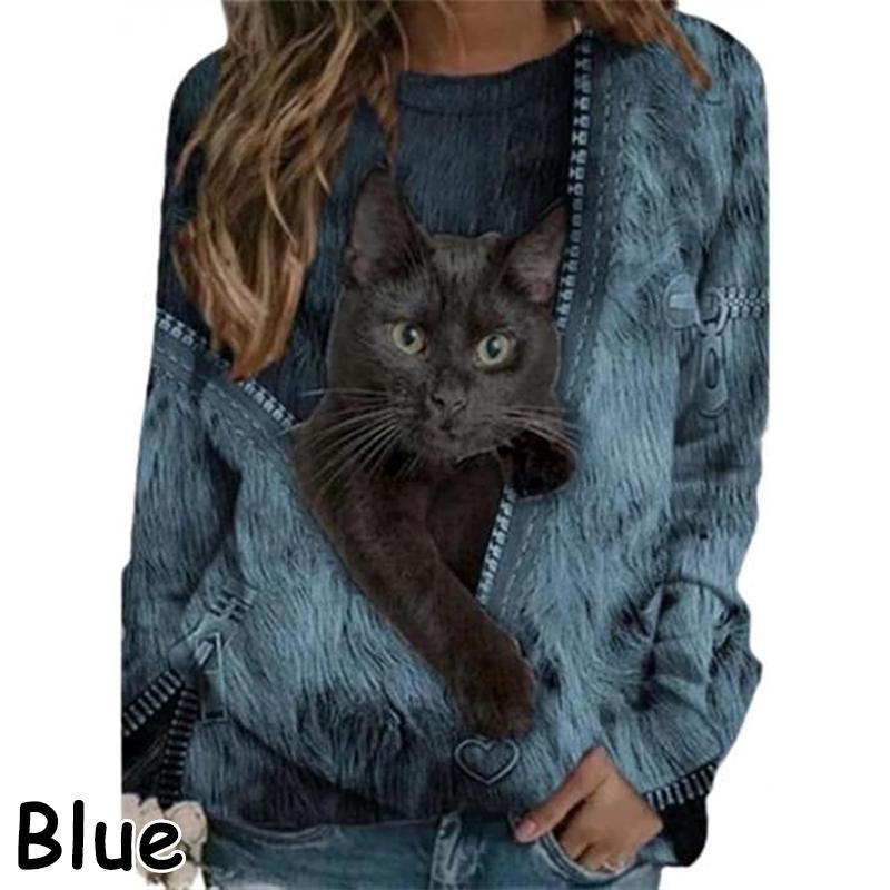 Plus Size Fashion Women's Round Neck Long Sleeve Shirts Basic Lightweight Pullover Tops Casual Cartoon Cat Printed Blouses