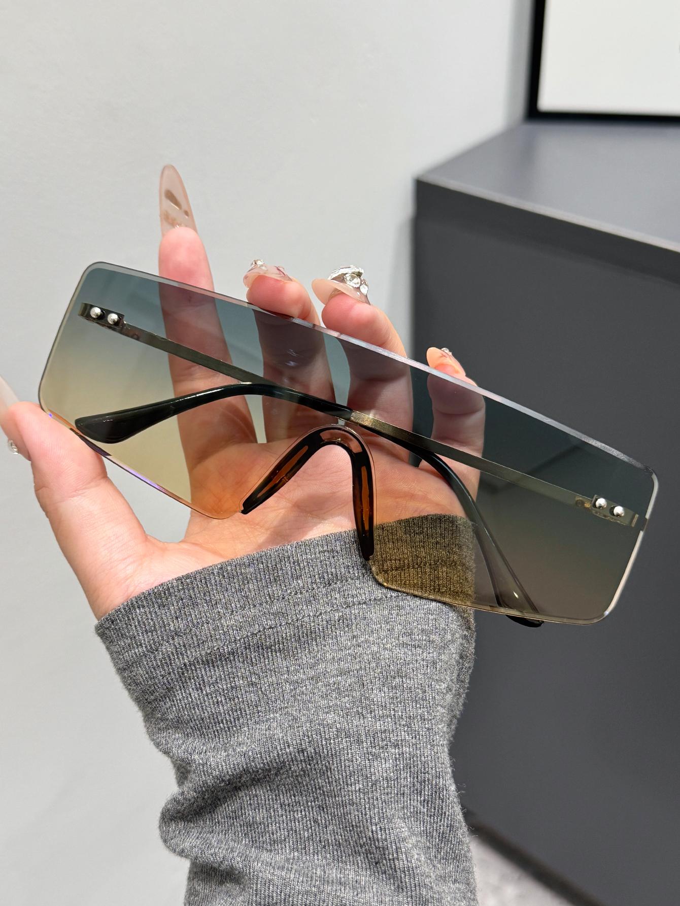 1Pc Large Frame Rectangular Single-Piece Sunglasses for Women and Men, Retro Sunglasses, Trendy Metal Punk Style