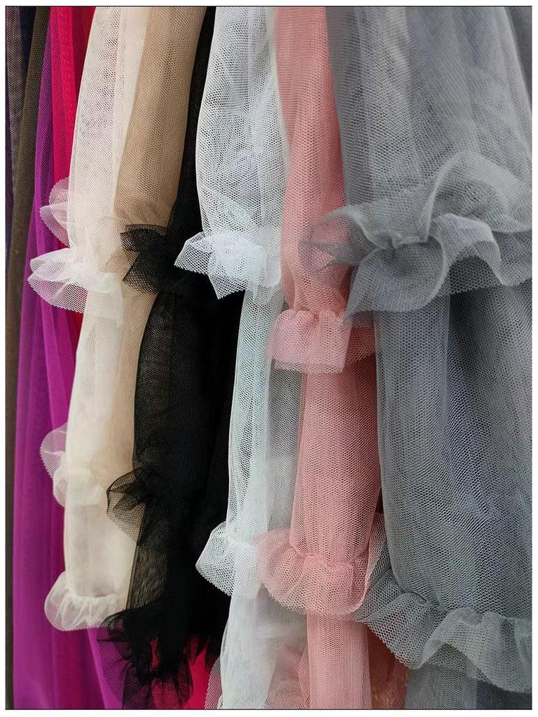 Women's High-Waist Ruffled A-Line Skirt with Mesh Overlay and Safety Lining