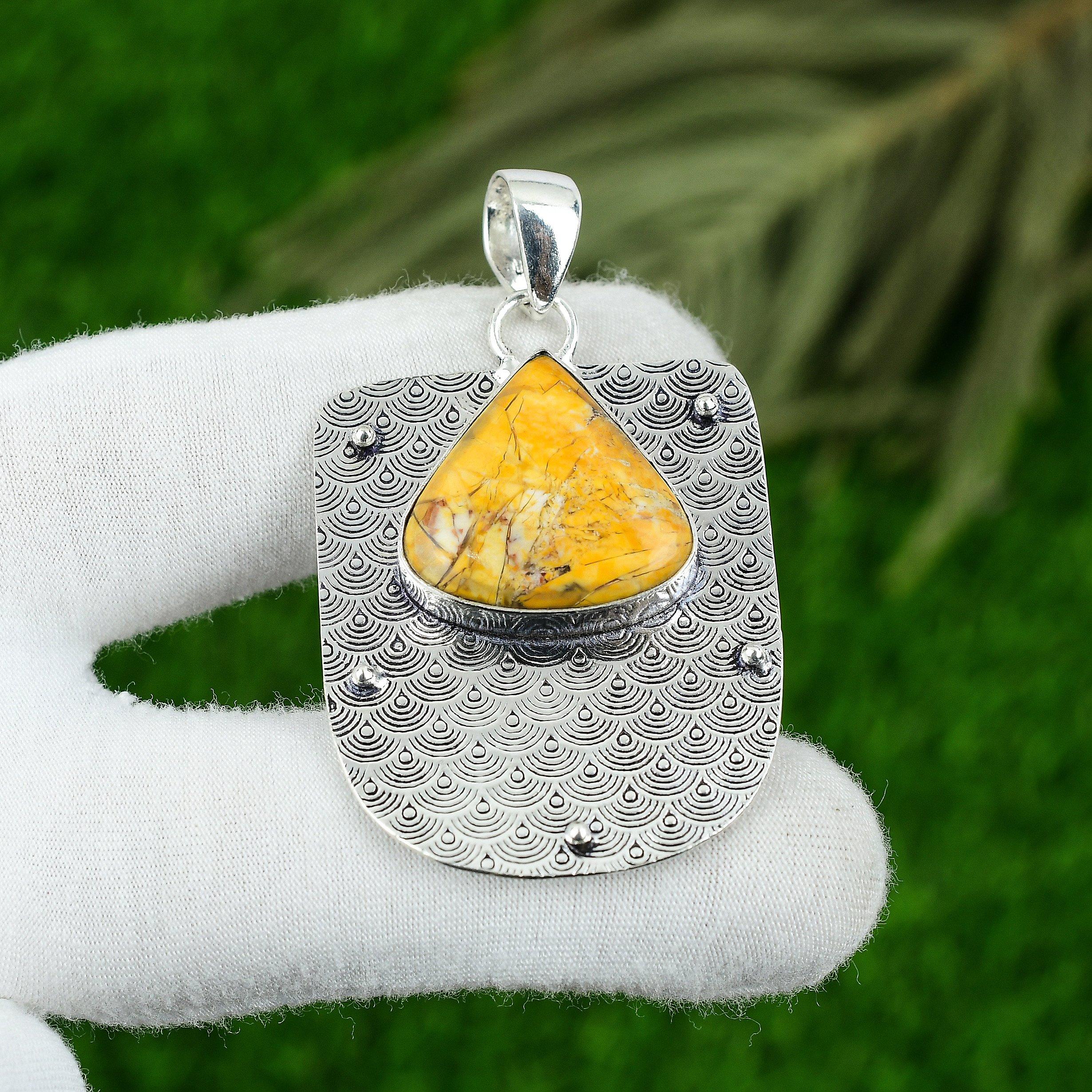 

925 Silver Pear Natural Brecciated Mookaite Boho Art Deco Ethnic Bezel Pendant