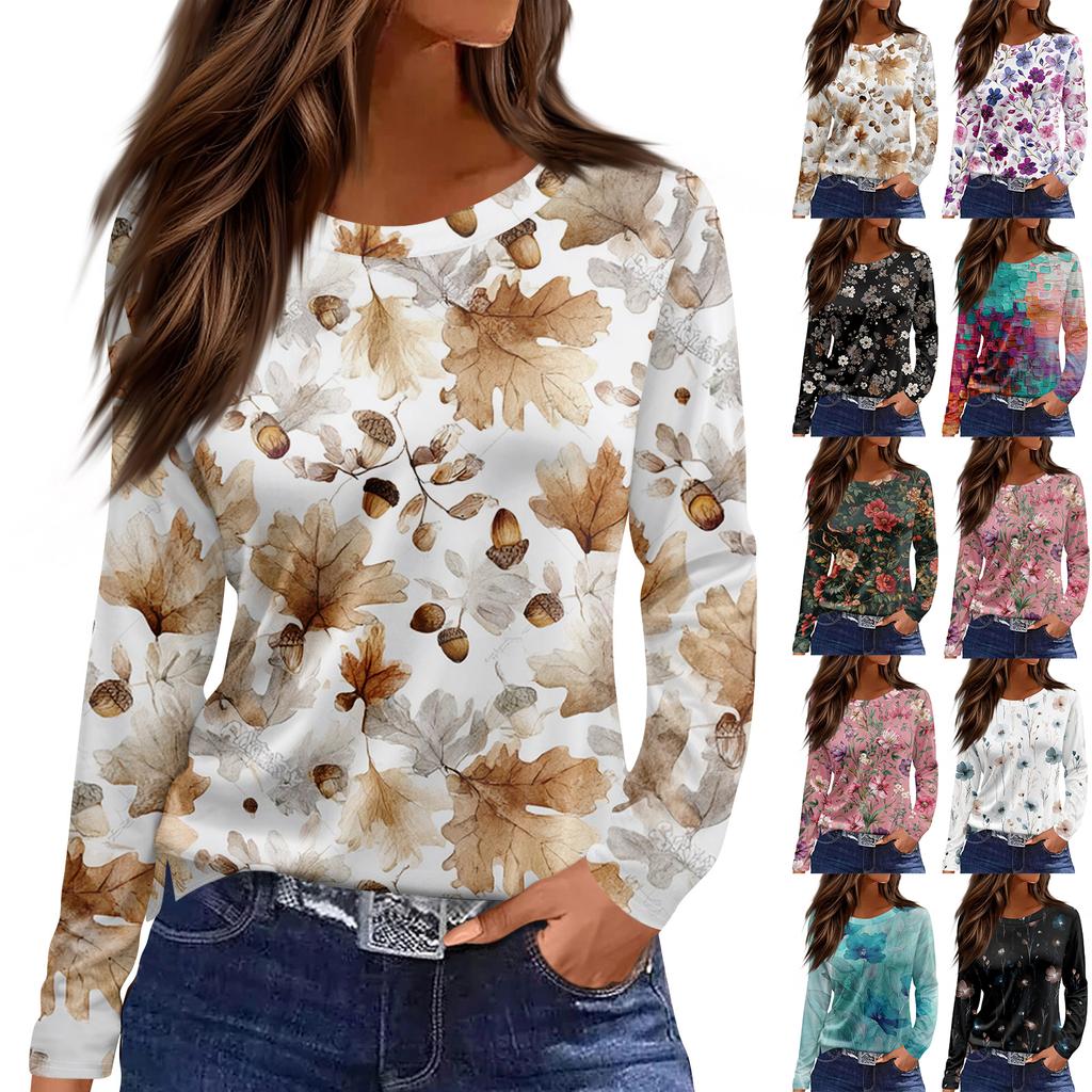 Women's Fashion Casual Slit Hem Round Neck Long Sleeve Loose  Printed T-Shirt Ladies Top