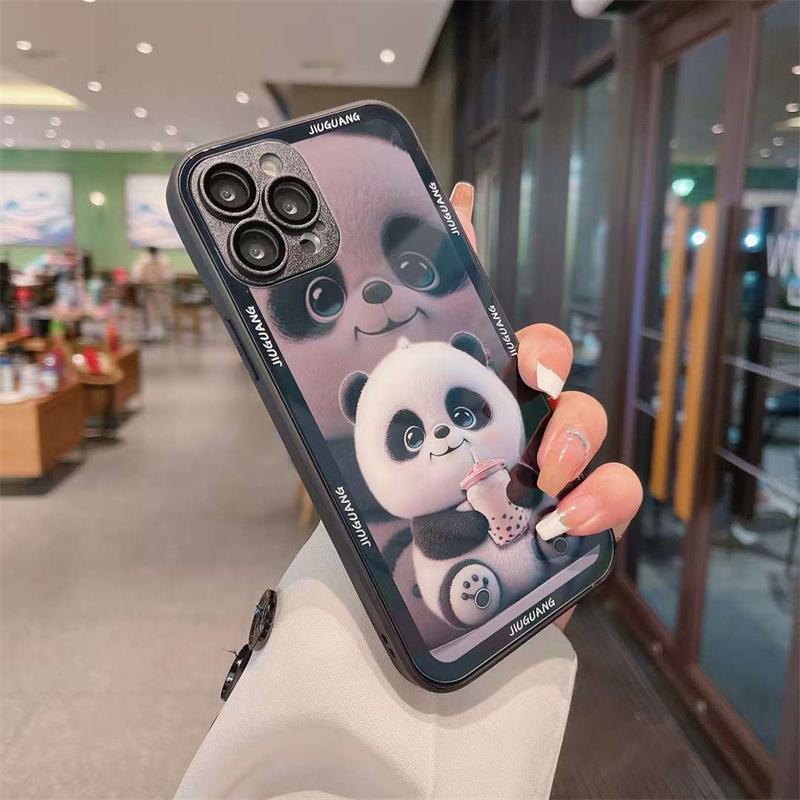 Süße Panda Metallic Paint Glas Handyhülle für iPhone 15 14 13 12 11 Pro Max stoßfeste Abdeckung