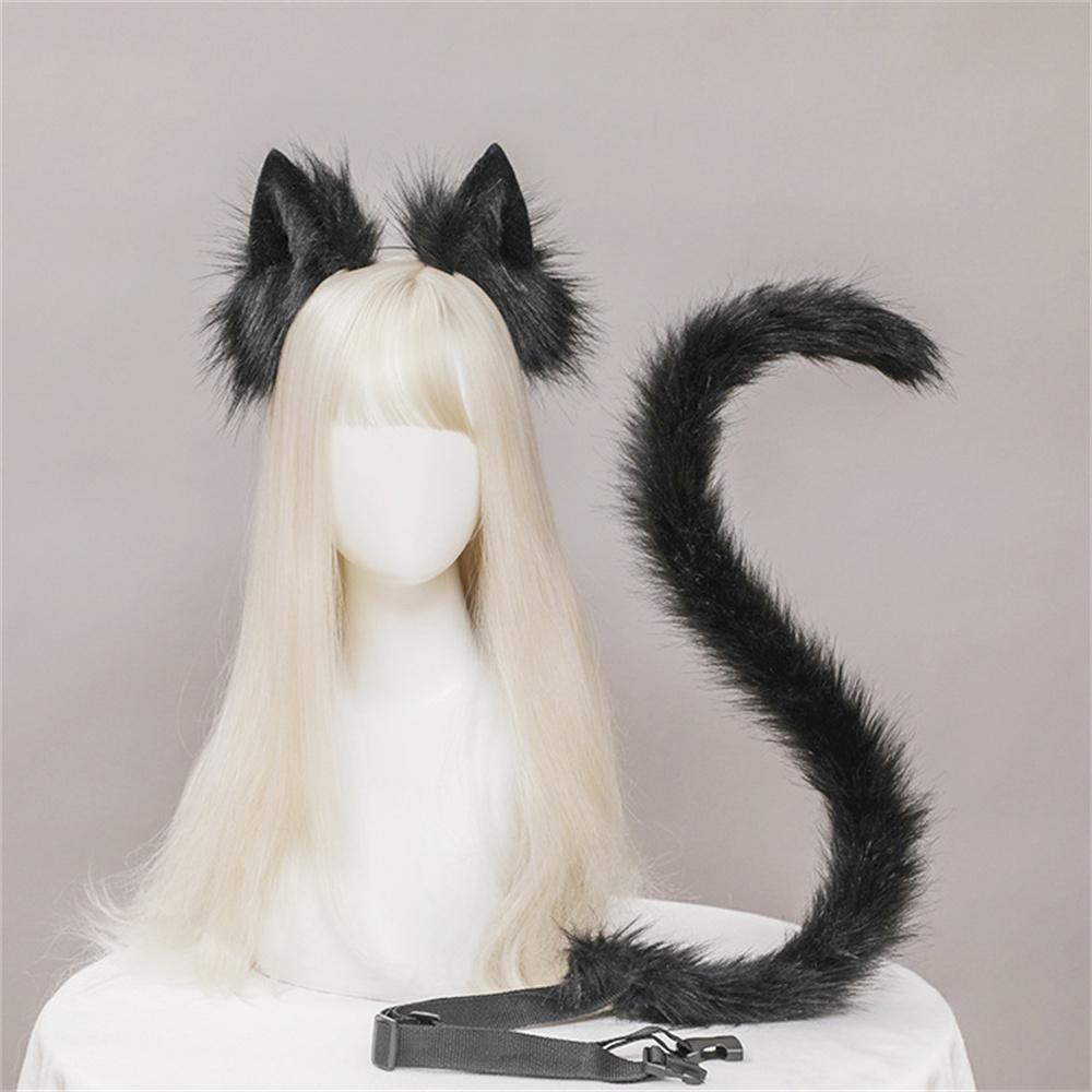 2Pcs/Set Plush Cat Ears Tail Set Realistic Lolita Headband Cat Tail Cosplay Props Hand-Made Simulation Animal Ears
