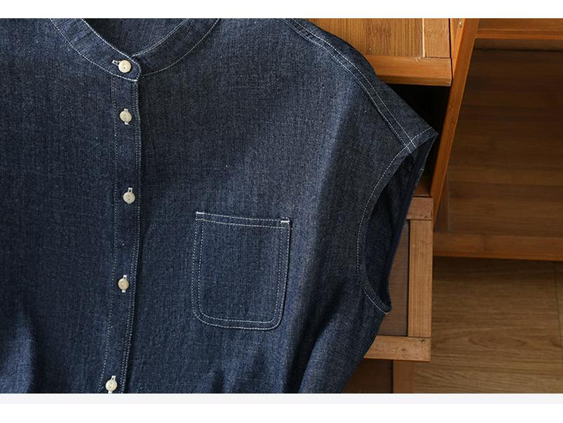 2025 Damen Retro Blau Denim Ärmelloses Sommerhemd