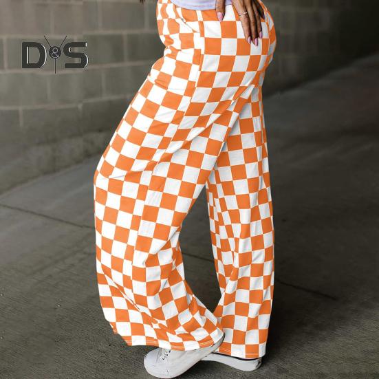Damenhose, elastisch, hohe Taille, karierter Druck, weites Bein, Freizeithose, lockere Passform, Hose für Urlaub, Arbeit, Alltag