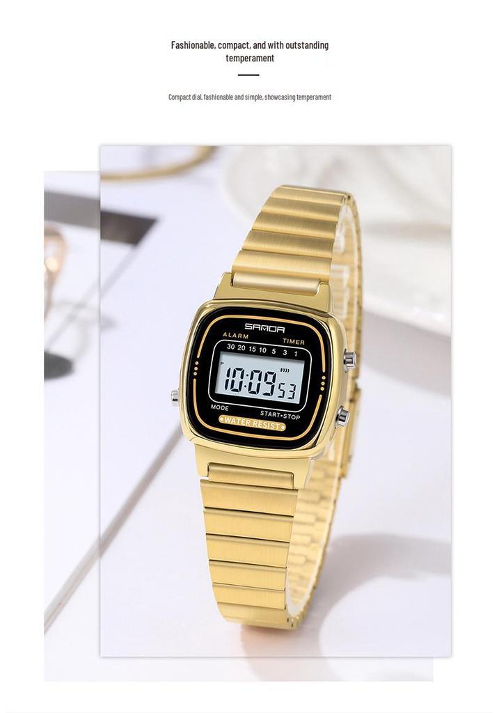SANDA Retro Steel Band Square Dial Waterproof Alarm Clock Watch for Men & Women