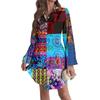 Damen Locker sitzendes V-Ausschnitt Langarmkleid Druck Arbeitshemdkleid