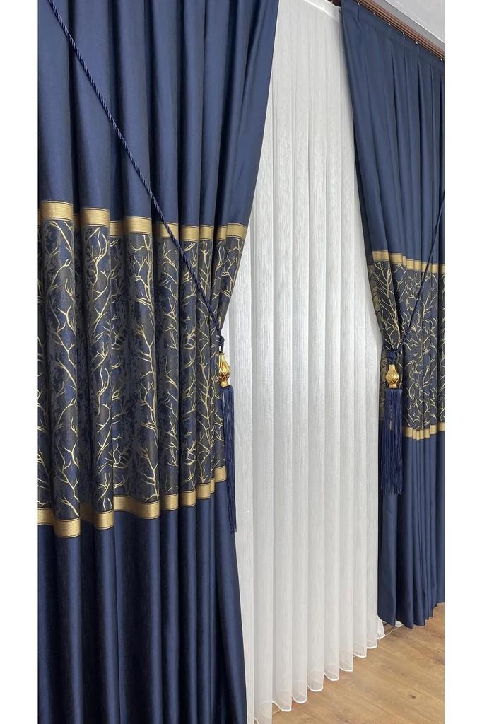 Zasłona tłokowa EPeddler Home z pojedynczym skrzydłem, złoty pasek, ściśle plisowana, żakardowa, jasny wzór