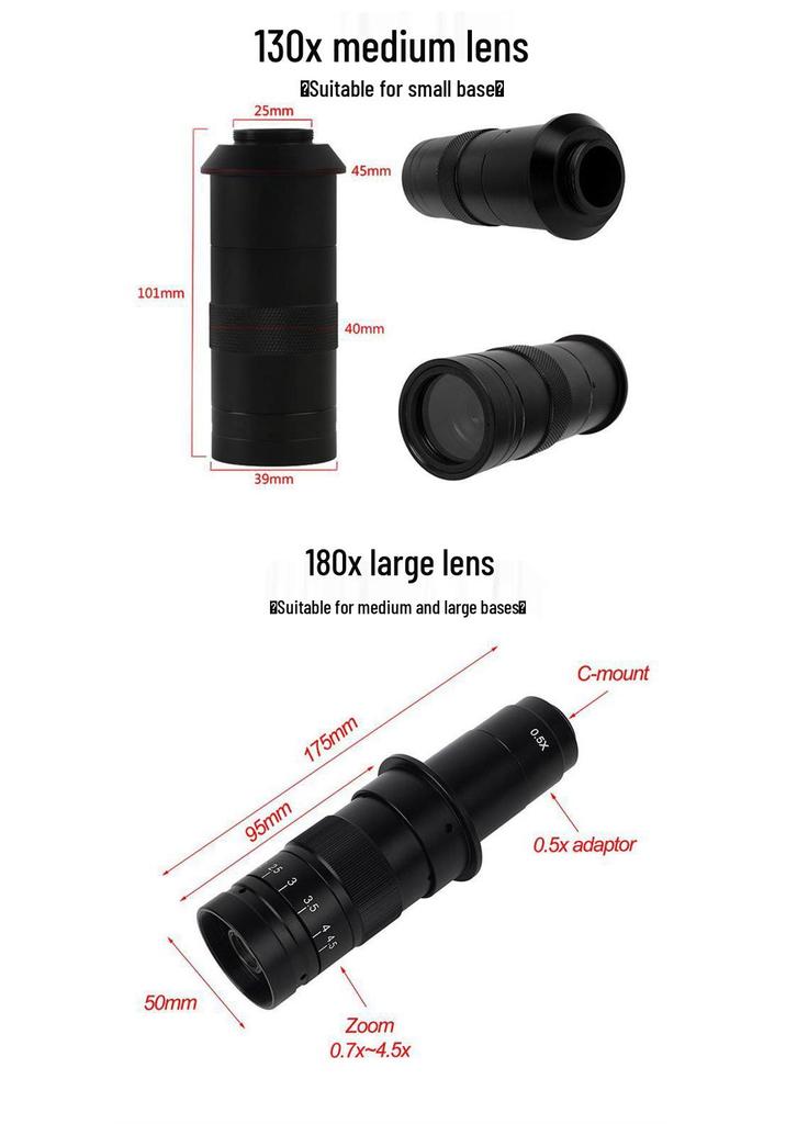 Adjustable Electron Microscope Lens Set: 130X, 150X, 180X Long Working Distance & Zoom Lenses