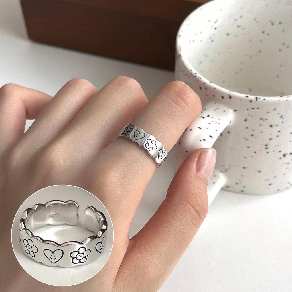 Bague ouverte vintage en argent S925 plaqué perle pour femmes