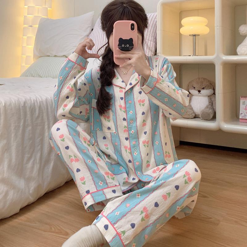 Spring And Autumn New Tulip Love Cloud Cotton Pajamas Women'S Printed Long-Sleeved Trousers Loungewear