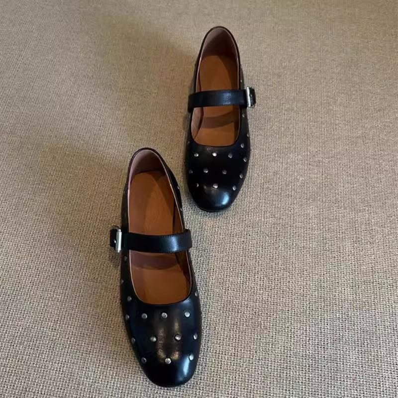 Cowhide Shoes French Mary Jane Shoes Women's Versatile Leather Round Head with Rivets Flat Bottom Shallow Mouth Single Shoes