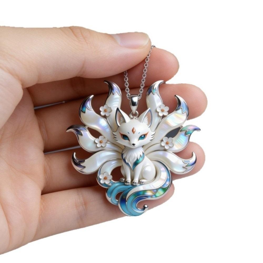 Iridescent Finish Nine-Tailed Fox Necklace Guardian Charm Pendant Spiritual Jewelry Necklace