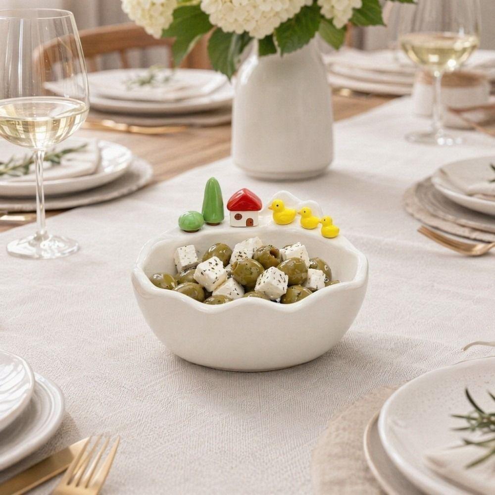 Cartoon Fruit Bowl with Fork Ceramic Little Duck House Shape Fruit Storage Tray Large Capacity Stainless Steel Fork