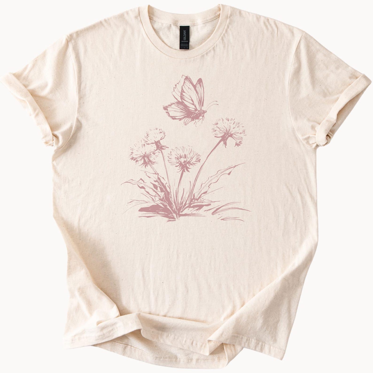Butterfly and Dandelion Graphic Tee Nature Inspired Wildflower Shirt Soft Botanical Flower Shirt 110