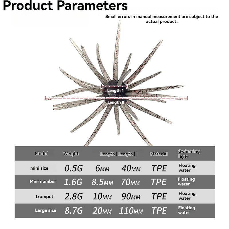 4Pcs Floating Sea Urchin Soft Lure Tentacle Creature Lure TPR Finesse Bait Brown