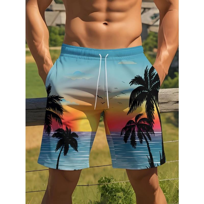3D Printed Coconut Trees Umbrella Short Pants For Men Colorful Stripes Beach Shorts Summer Hawaiian Board Shorts Swim Trunks