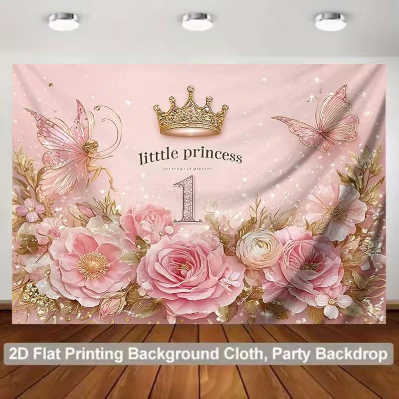 

2D Pink Little Princess 1st Birthday Backdrop Crown & Flower Party Banner 47.2x31.5inch/120*80cm