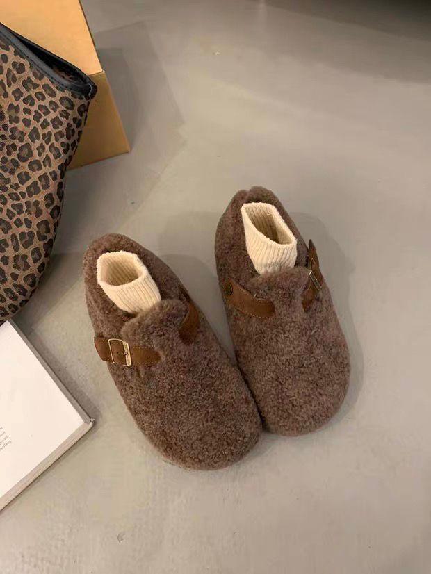 2025 New Retro Belt Buckle Fluffy Shoes for Women, Plush Thermal Cotton Shoes, Platform-soled Casual Woolen Lazy Shoes