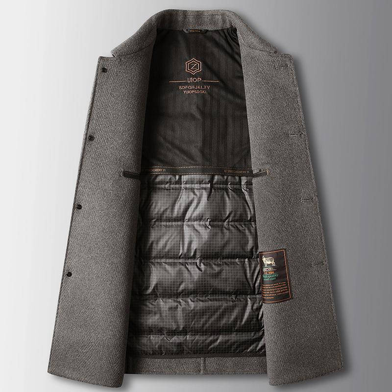 Herrenmantel Herbst und Winter Mittel und Lang Revers Woll-Trenchcoat Mittelalterlich Business Abnehmbare Gänsedaunen-Fütterung Doppelseitiger Tweedmantel