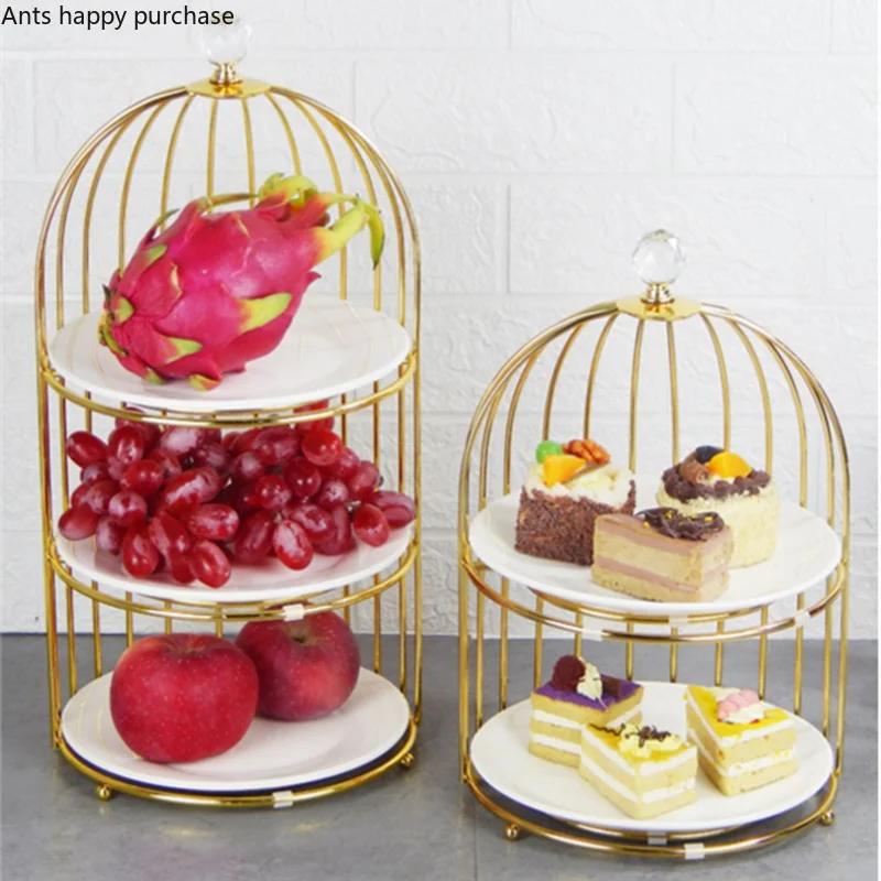 Birdcage Double Layer Cake Stand Wrought Iron Display Stand Ceramics Three-tier Fruit Tray Afternoon Tea Dessert Decorative Rack