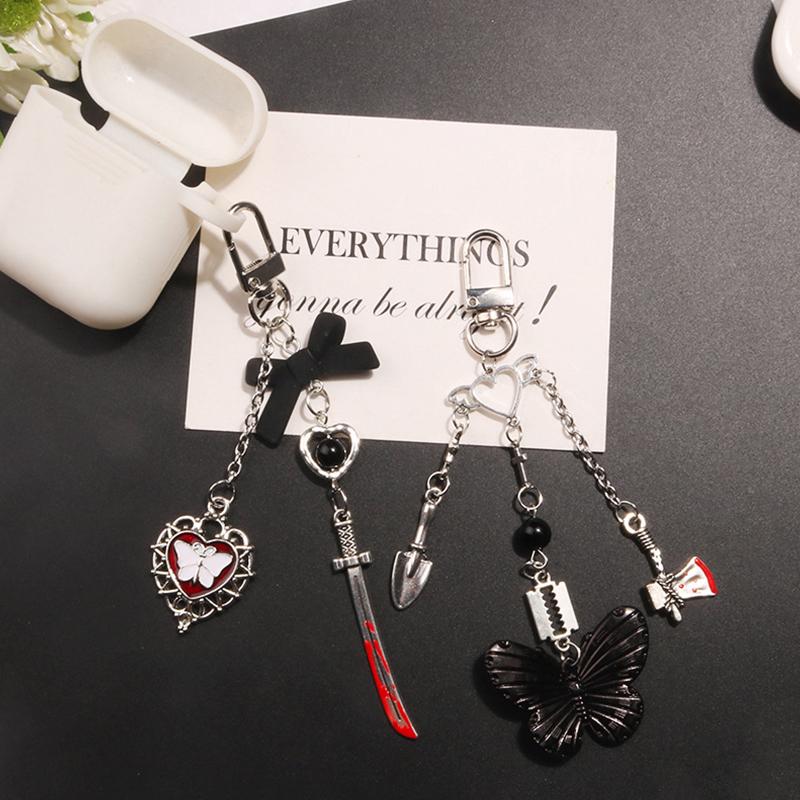 Gothic Punk Phone Pendant Key Chain Butterfly Heart Sweet Cool Phone Chain Earphone Case Bag Decorations Pendant