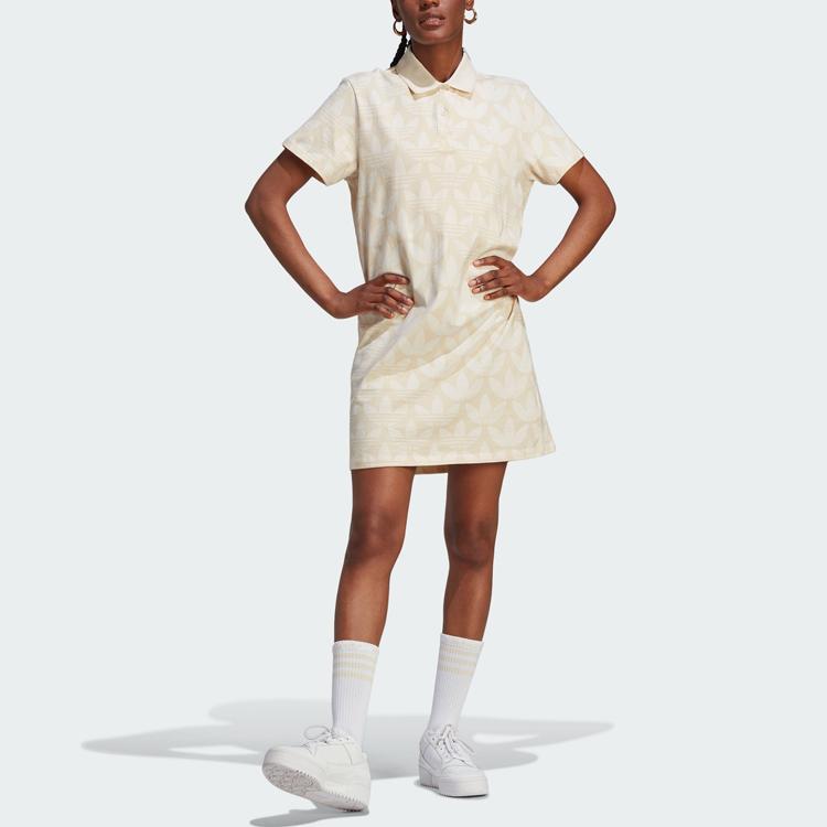 Adidas Originals Monogram Dress Logo Printed Sports Comfortable Short Sleeve Dress Women Dresses White IJ6002