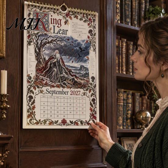 Collectible Illustration Wall Art 2027 Calendar, Vintage Illustrated Hanging Calendar with 12 Plays Through, Romance Academic Year Planning
