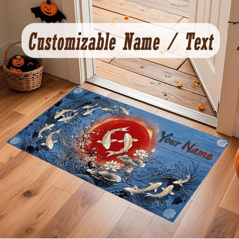 Koi Fish Theme Soft Crystal Velvet Rug Custom Name & Text Print Non Slip Floor Rug for Bedroom Living Room