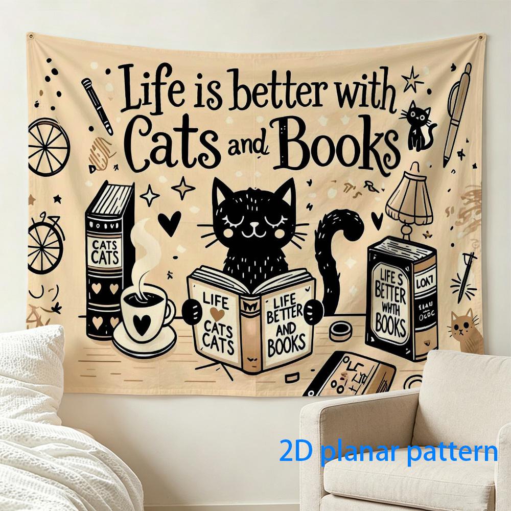 Aesthetic Cat and Books Tapestry Wall Hanging Boho Cottagecore Literary Decor Gift Canvas Art for Cat Lover Bedroom