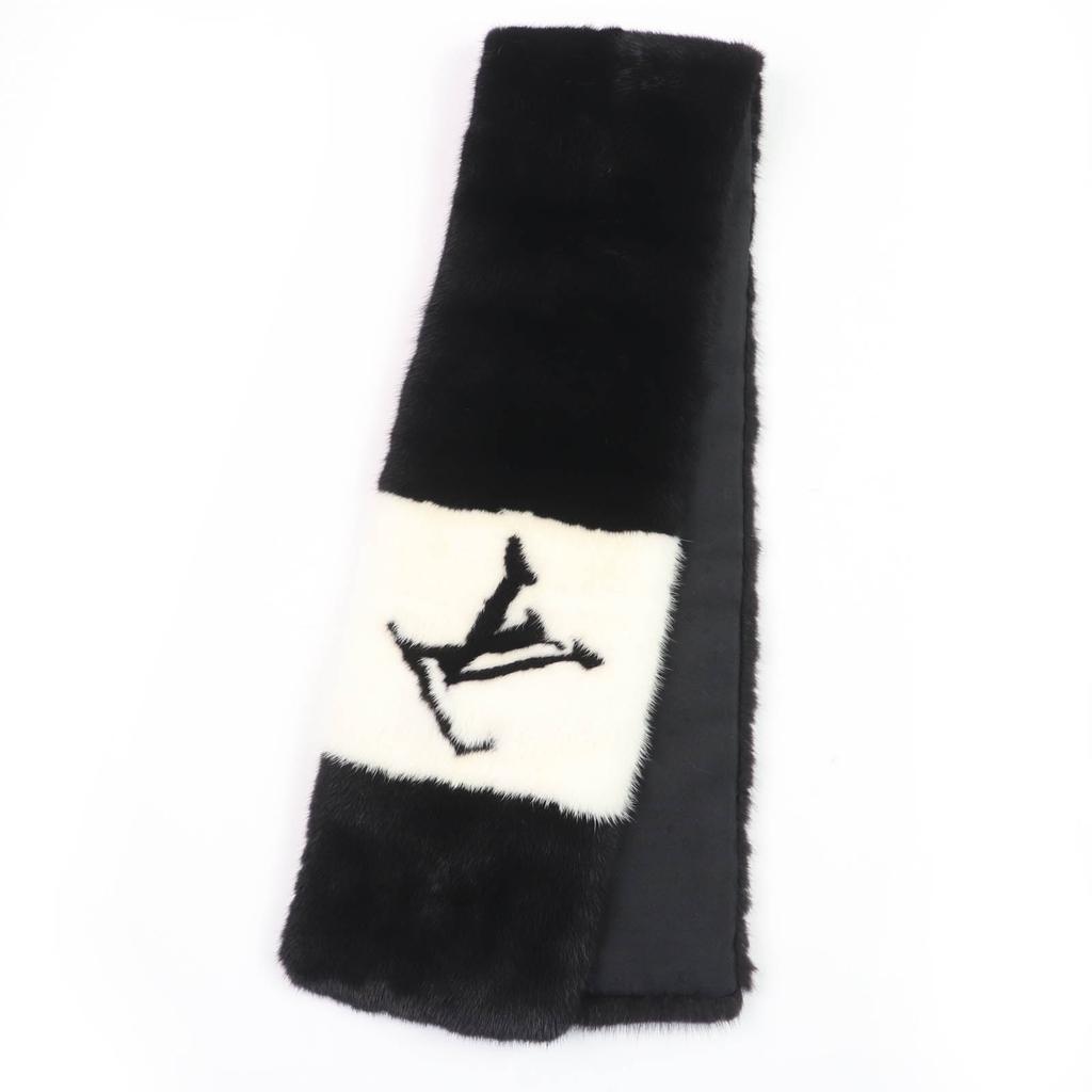 Louis Vuitton Shawl Echarpe Goglam LV Logo Black White Mink Women M77866 Used
