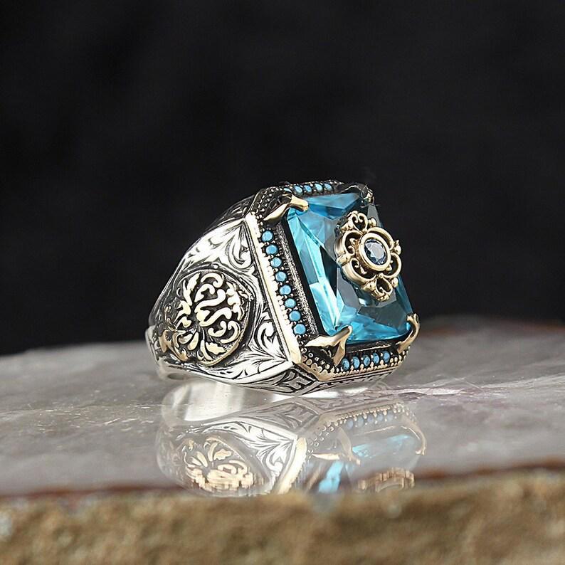 Retro Ethnic Style Sea Blue Zircon Ring for Men and Women