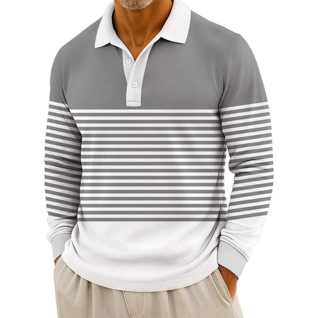 Men's Casual Striped Print Button-Up Long-Sleeve Tops