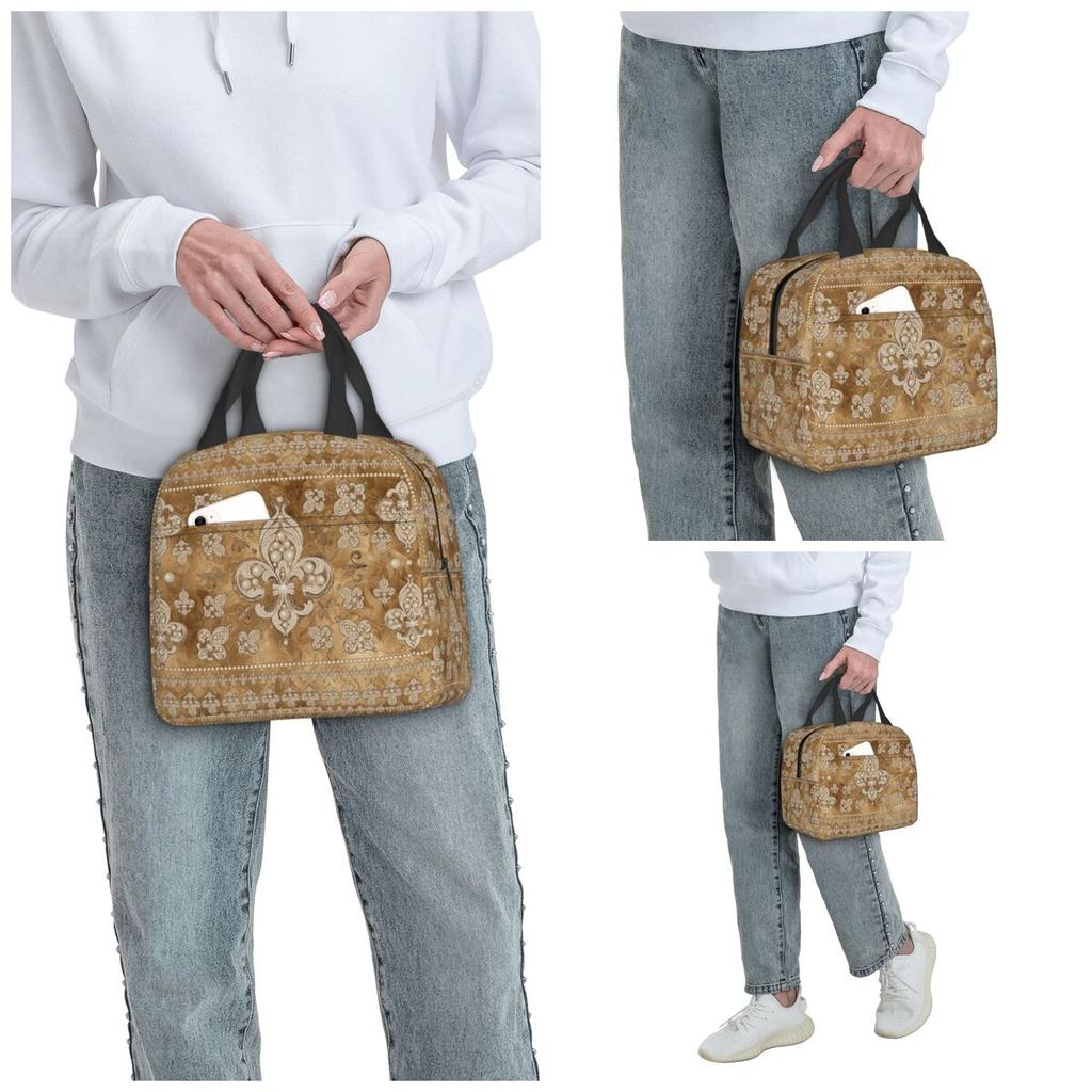 Fleur-de-lis Luxury Pearl And Gold Insulated Lunch Bag for Women Office Cooler Thermal Food Box Tote Lunch Boxes Container