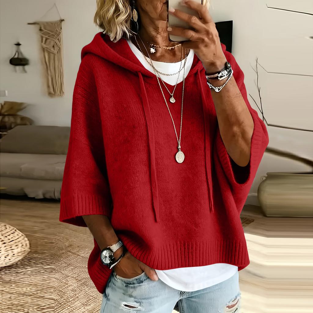 Women's Color Knitted Hooded Sweatshirt with Drawstring New Arrival