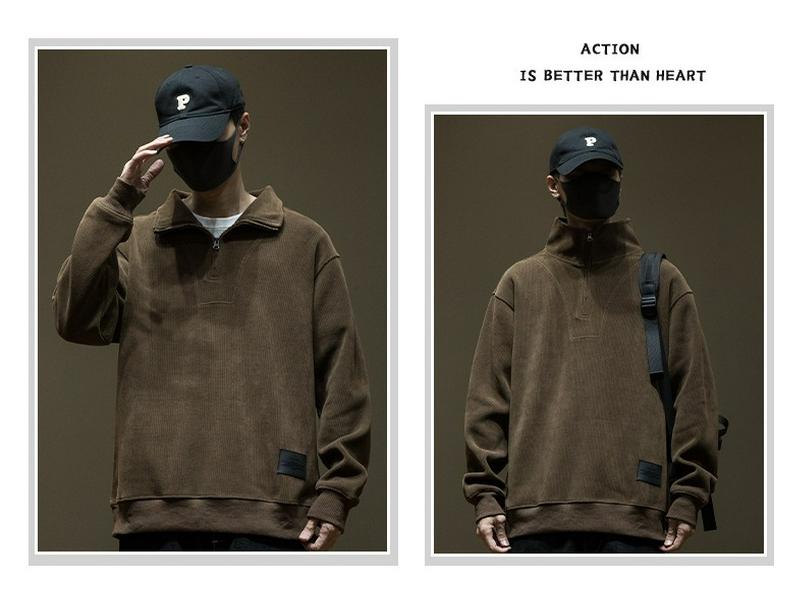 Men's Corduroy Half-High Collar Zipper Hoodie - Warm, Loose, Casual, Plus Velvet, Trendy Autumn/Winter Outerwear Sports Top