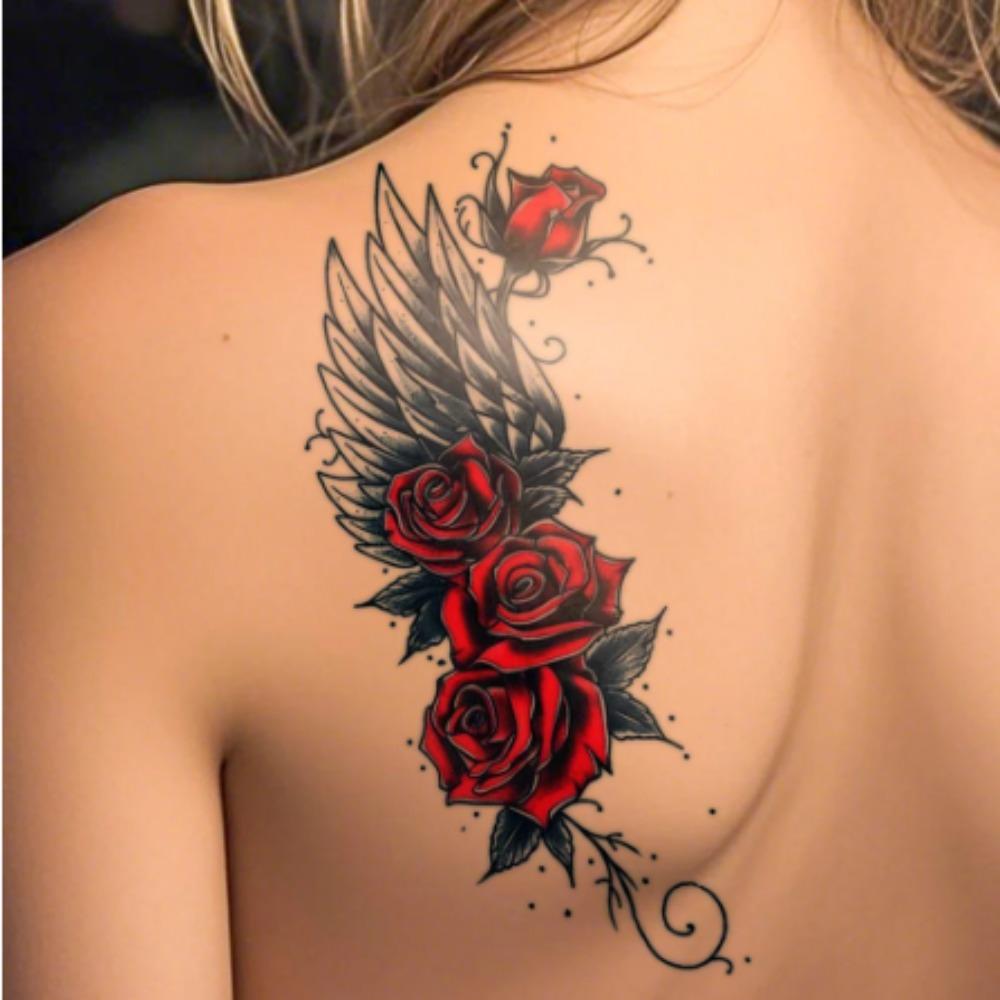 Waterproof Temporary Tattoo Sticker Dark Style Wings Feathers Rose Flower Sexy Body Art Arm Fake Tattoos Sleeve Women Men