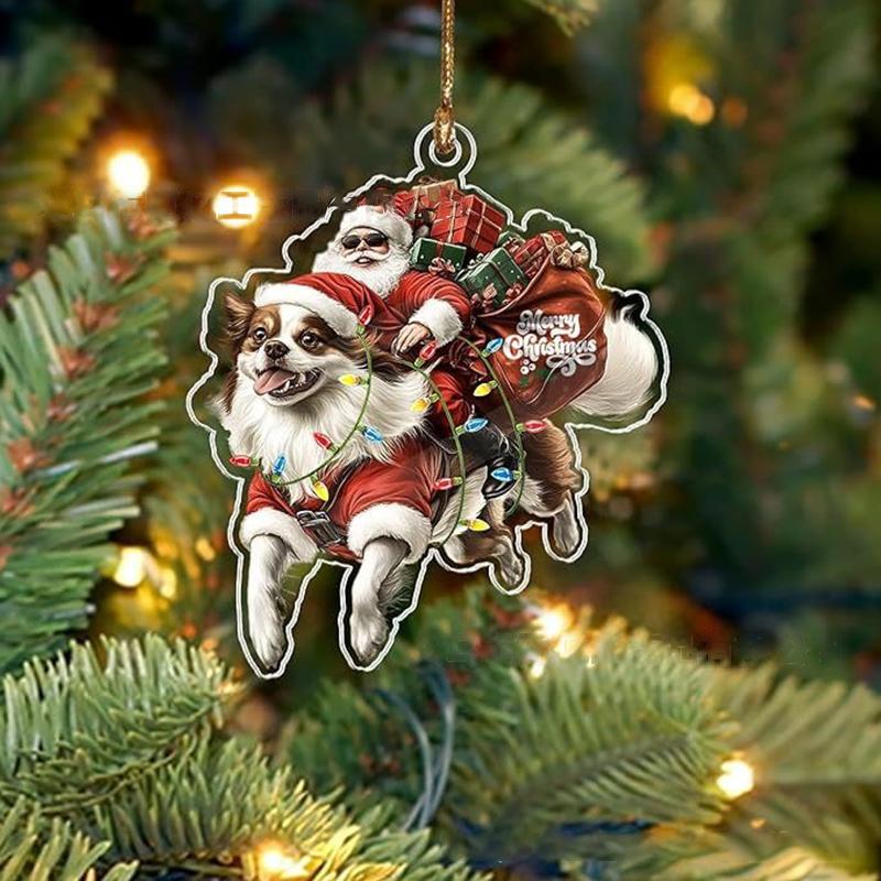 2026 Santa Claus And His Funny Dog Ornament 2D Flat Acrylic Pendant Christmas Decoration For Home Xmas Tree  Year Kerst