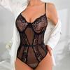 Perspective lace thin shoulder straps erotic underwear European and American light and thin perspective steel ring open onesie