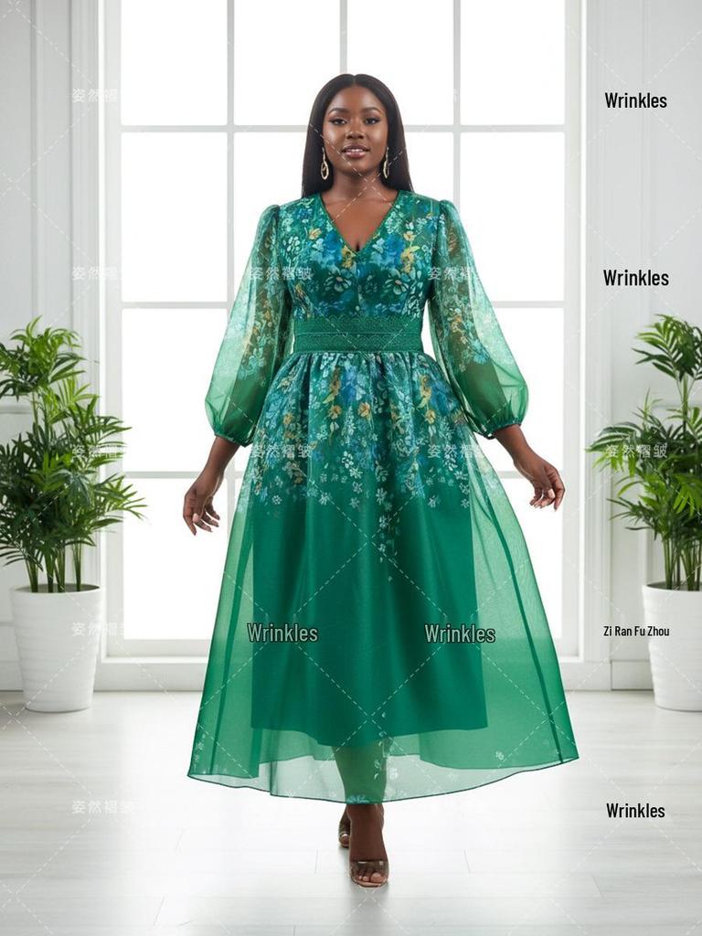 Damen Frühlingskleid mit Aufdruck in Übergröße: Schlankmachendes, Bauchbedeckendes, Elegantes Partykleid für Mütter